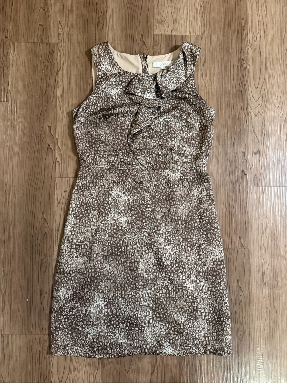 LOFT Brown and Cream Ruffle Sheath Dress